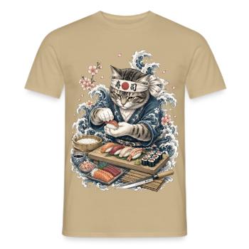 Lustige Katze als Japanischer Sushi Meisterkoch - Männer T-Shirt - Sandbeige - Vorne - AI Model Male 178 light (178cm)