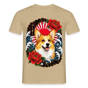 Welsh Corgi im japanischen Irezumi Stil - Männer T-Shirt - Sandbeige - Vorne - AI Model Male 178 light (178cm)