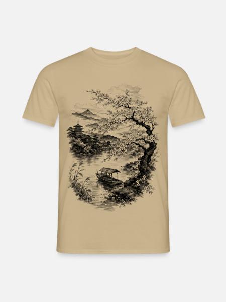Japanische Natur mit Kirschbaum und Berg Fuji - Männer T-Shirt - Sandbeige