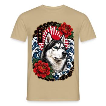 Siberian Husky im japanischen Irezumi Stil - Männer T-Shirt - Sandbeige - Vorne - AI Model Male 178 light (178cm)