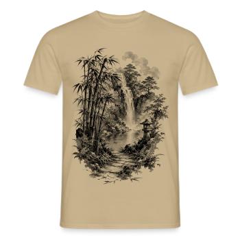 Japanese nature with bamboo and waterfall - Men's T-Shirt - sand beige - Front - AI Model Male 178 light (178cm)