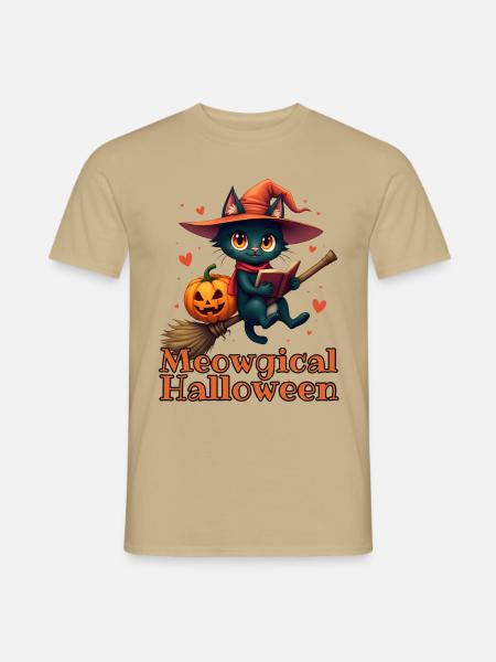 Süße Katze auf Besen Halloween Unisex Kinder T-Shirt - Männer T-Shirt - Sandbeige