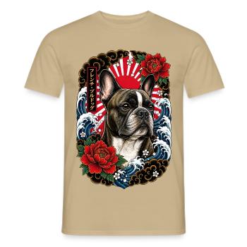 Französische Bulldogge im Japan Tattoo Stil - Männer T-Shirt - Sandbeige - Vorne - AI Model Male 178 light (178cm)