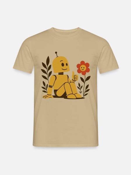 Roboter & Blume – Technik trifft Natur - Männer T-Shirt - Sandbeige