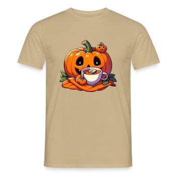 Halloweenkürbis trinkt eine Tasse Tee - Männer T-Shirt - Sandbeige - Vorne - AI Model Male 178 light (178cm)