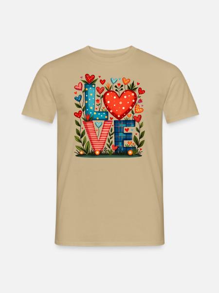LOVE- Herzen und Blumen - Männer T-Shirt - Sandbeige