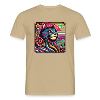 Buntes dekoratives Katzenportrait - Männer T-Shirt - Sandbeige - Vorne - AI Model Male 178 light (178cm)