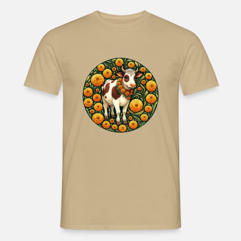 Ringelblumen-Kuh - Männer T-Shirt - Sandbeige
