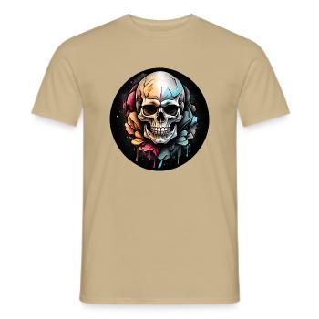 Crâne en technique aquarelle dans un cercle - T-shirt homme - beige sable - Devant - AI Model Male 178 light (178cm)