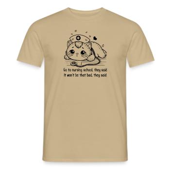 Go To Nursing School - Funny Nurse Cat - Men's T-Shirt - sand beige - Front - AI Model Male 178 light (178cm)
