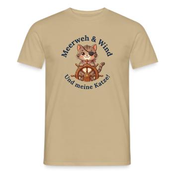 Meerweh, Wind und meine Katze - Männer T-Shirt - Sandbeige - Vorne - AI Model Male 178 light (178cm)