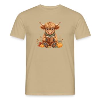 Douillet d’automne Highland Cow Reading - T-shirt homme - beige sable - Devant - AI Model Male 178 light (178cm)