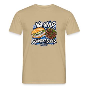 Fischbrötchen & Köfte – Na und? Schmeckt beides. - Männer T-Shirt - Sandbeige - Vorne - AI Model Male 178 light (178cm)
