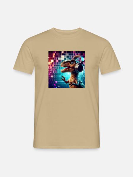 Witziger Dino mag Musik - Männer T-Shirt - Sandbeige