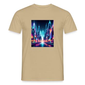 Futuristic Neon Cityscape – Vibrant Cyberpunk Art - Men's T-Shirt - sand beige - Front - AI Model Male 178 light (178cm)