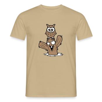 Owl Cactus Desert 2 Friends Happy Team Cartoon - Men's T-Shirt - sand beige - Front - AI Model Male 178 light (178cm)
