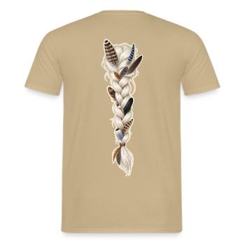 Zopf mit Vogelfedern - Männer T-Shirt - Sandbeige - Hinten - AI Model Male 178 light (178cm)