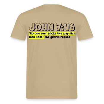 John 7:46 | Bible Quote - Men's T-Shirt - sand beige - Back - AI Model Male 178 light (178cm)