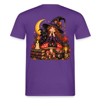 Niedliche Hexe mit schwarzer Katze - Männer T-Shirt - Lila - Hinten - AI Model Male 178 light (178cm)