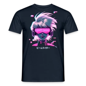 Maquette de T-shirt homme « Synthwave Anime Girl : Cyberpunk Néon Rétro » à imprimer et personnaliser