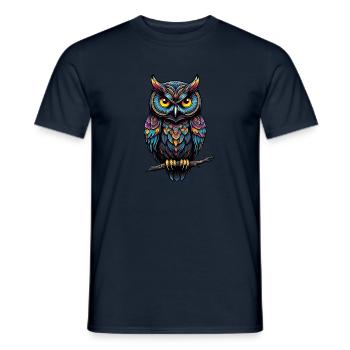 Decorative owl sitting on a branch - Men's T-Shirt - navy - Front - AI Model Male 178 light (178cm)