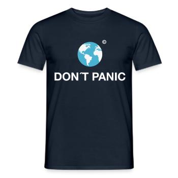 dont panic Earth planet hitchhiker's galaxy climate wall - Men's T-Shirt - navy - Front - AI Model Male 178 light (178cm)