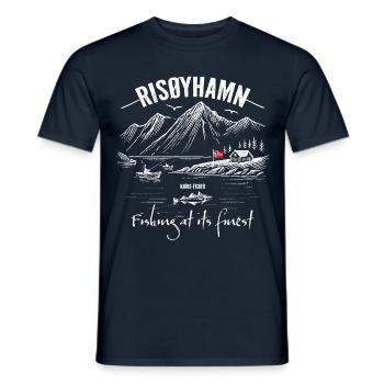 Fishing at its finest - RISØYHAMN - Norway - Men's T-Shirt - navy - Front - AI Model Male 178 light (178cm)