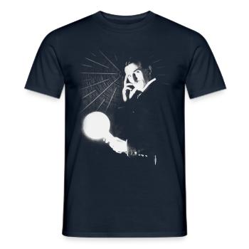 Nikola Tesla with light bulb and Tesla coil - Men's T-Shirt - navy - Front - AI Model Male 178 light (178cm)