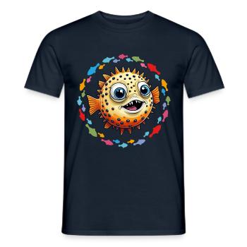 Lustiger lachender Kugelfisch und bunte Fische - Männer T-Shirt - Navy - Vorne - AI Model Male 178 light (178cm)