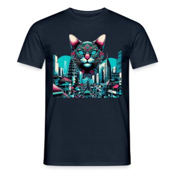 CAT Colourful, cat Looking Over A City - Männer T-Shirt - Navy - Vorne - AI Model Male 178 light (178cm)
