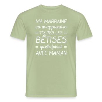 MARRAINE VA M'APPRENDRE TOUTES LES BÊTISES - T-shirt homme - vert sauge - Devant - AI Model Male 178 light (178cm)