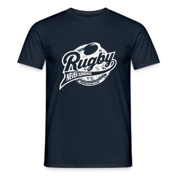 RugbyFool.com. Rugby Never Surrender - Men's T-Shirt - navy - Front - AI Model Male 178 light (178cm)