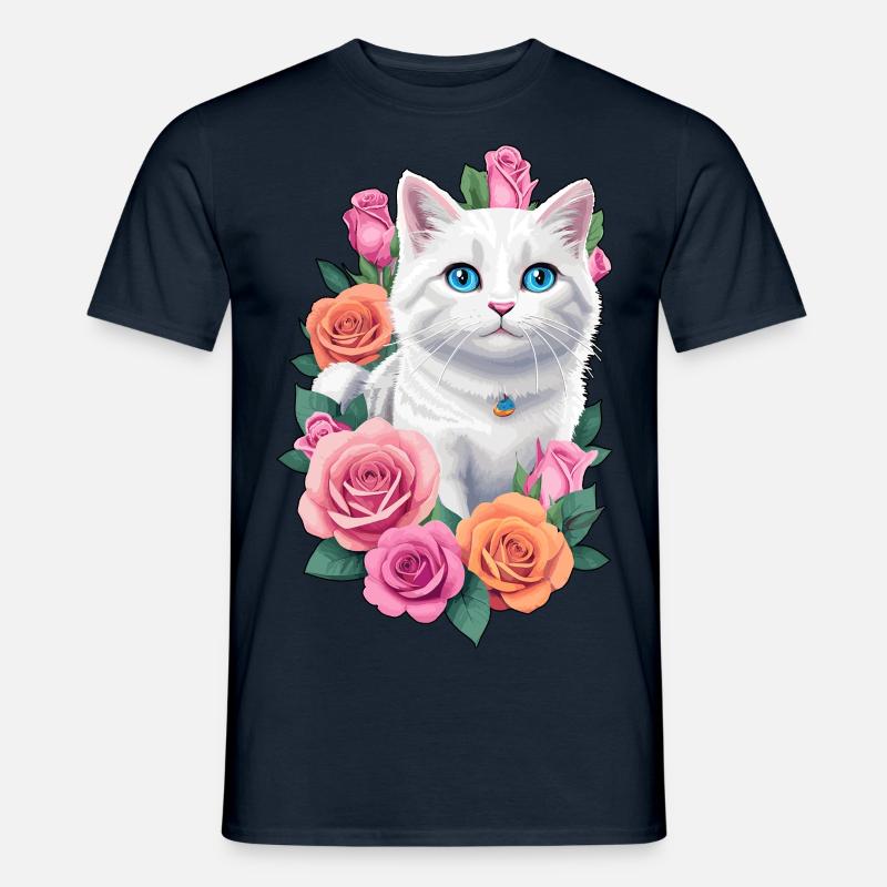 Katze mit Rosen - Männer T-Shirt - Navy