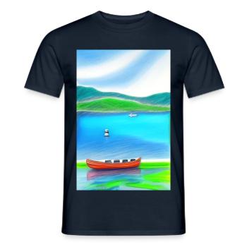 Landscape with lake, boat and mountains - Men's T-Shirt - navy - Front - AI Model Male 178 light (178cm)