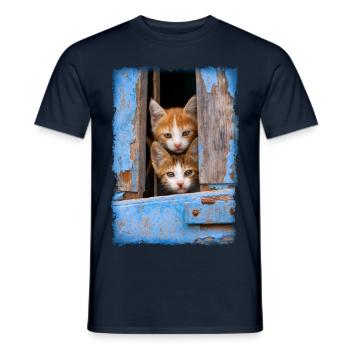 Curious kittens looking out a blue window - Men's T-Shirt - navy - Front - AI Model Male 178 light (178cm)