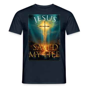 JÉSUS M’A SAUVÉ LA VIE MOTIF DE LA FOI CROISÉE - T-shirt homme - marine - Devant - AI Model Male 178 light (178cm)