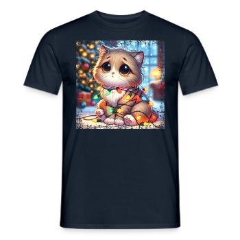 Cute Christmas Cat - Fairy Lights Chaos in the - Men's T-Shirt - navy - Front - AI Model Male 178 light (178cm)