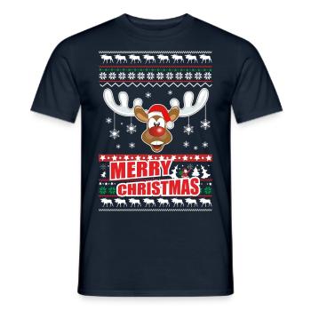 Merry Christmas Rentier mit Weihnachsmütze - Männer T-Shirt - Navy - Vorne - AI Model Male 178 light (178cm)