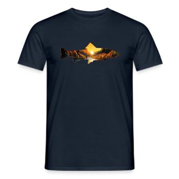 Rétro Sunset River & Mountain Scene Trout - T-shirt homme - marine - Devant - AI Model Male 178 light (178cm)