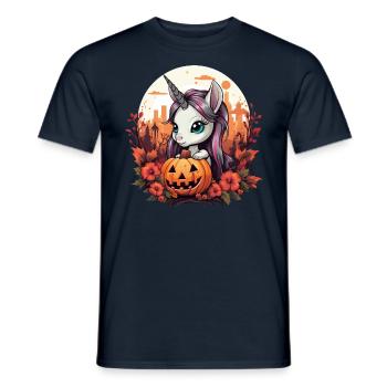 Halloween unicorn with pumpkin in autumn - Men's T-Shirt - navy - Front - AI Model Male 178 light (178cm)