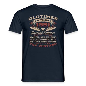 33. Geburtstag Oldtimer September 1991 Jahrgang 91 - Männer T-Shirt - Navy - Vorne - AI Model Male 178 light (178cm)