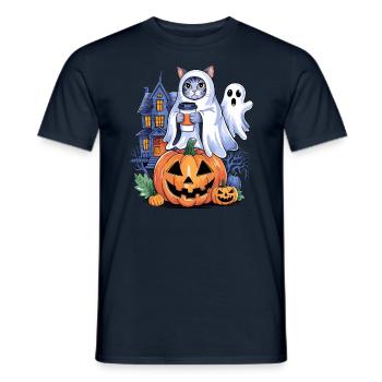 Chat d'Halloween avec citrouille et fantôme - T-shirt homme - marine - Devant - AI Model Male 178 light (178cm)