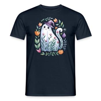 Halloween Geisterkatze Mit Hexenhut Und Blüten - Männer T-Shirt - Navy - Vorne - AI Model Male 178 light (178cm)