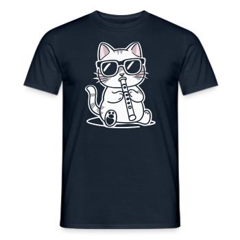 Cat with sunglasses playing flute - Men's T-Shirt - navy - Front - AI Model Male 178 light (178cm)