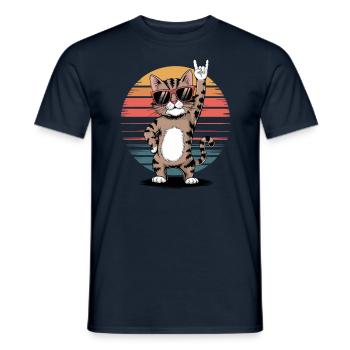 Un chat cool avec des lunettes de soleil berce le look rétro - T-shirt homme - marine - Devant - AI Model Male 178 light (178cm)