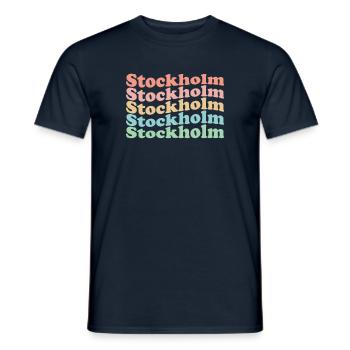 Ville de Suède hippie vintage des années 70 - Stockholm rétro - T-shirt homme - marine - Devant - AI Model Male 178 light (178cm)