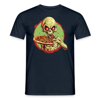 Green Alien with Pizza: Halloween Fast Food Fun - Men's T-Shirt - navy - Front - AI Model Male 178 light (178cm)