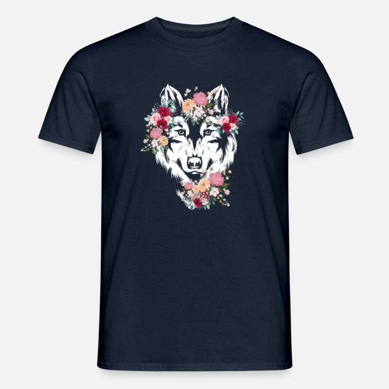 Wolf Wolfskopf Blumen Deko - Männer T-Shirt - Navy