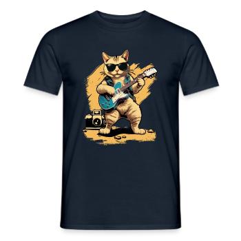 Chat jouant des instruments de guitare acoustique - T-shirt homme - marine - Devant - AI Model Male 178 light (178cm)