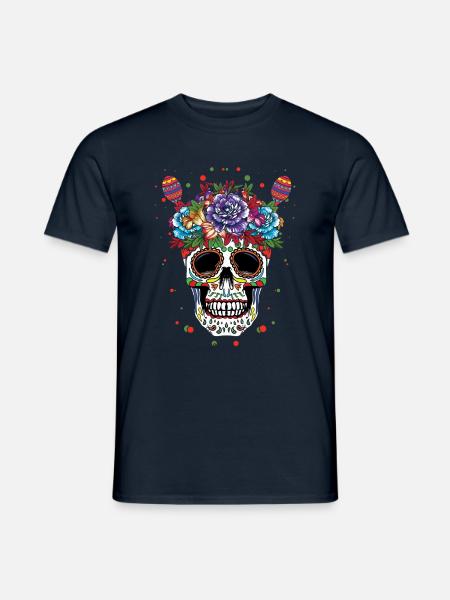 Bunte Totenkopf-Kunst Mit Blumen - Männer T-Shirt - Navy
